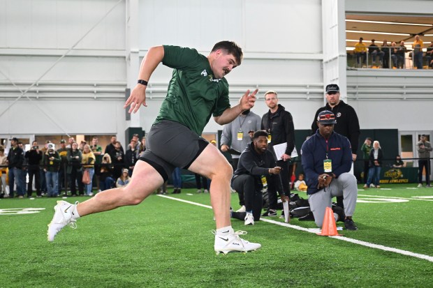 North Dakota State offensive lineman Grey Zabel takes part in the school's NFL pro day on March, 27, 2025, in Fargo, N.D. (AP Photo/Russell Hons)