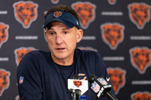 Bears defensive coordinator Dennis Allen speaks to the media at Halas Hall on April 17, 2025, in Lake Forest. (Audrey Richardson/Chicago Tribune)