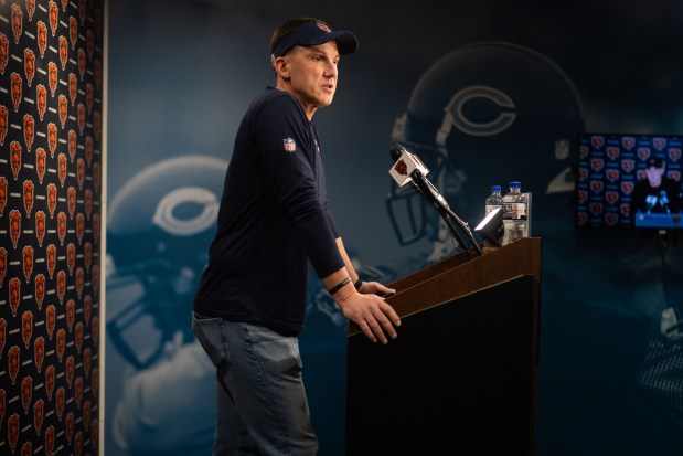 Chicago Bears defensive coordinator Dennis Allen during a media availability at Halas Hall on Thursday, April 17, 2025, in Lake Forest. (Audrey Richardson/Chicago Tribune)