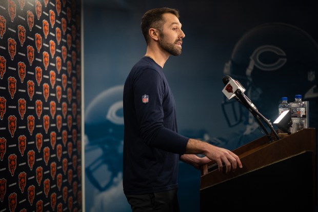 Bears offensive coordinator Declan Doyle on April 17, 2025, at Halas Hall. (Audrey Richardson/Chicago Tribune)