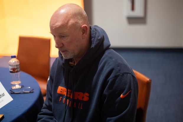 Bears offensive line coach Dan Roushar on April 17, 2025, at Halas Hall. (Audrey Richardson/Chicago Tribune)