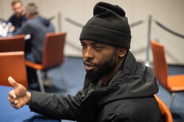 Bears quarterbacks coach J.T. Barrett talks with media at Halas Hall on Thursday, April 17, 2025, in Lake Forest. (Audrey Richardson/Chicago Tribune)