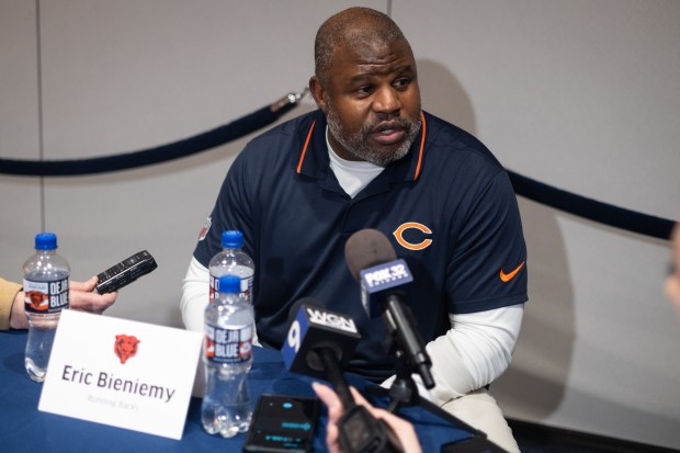 Bears running backs coach Eric Bieniemy on April 17, 2025, at Halas Hall. (Audrey Richardson/Chicago Tribune)