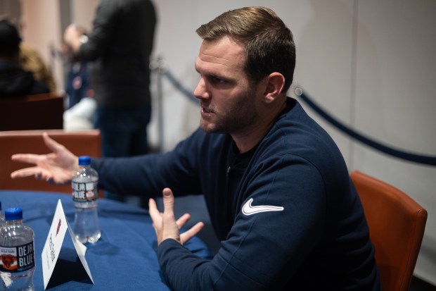 Bears passing game coordinator Press Taylor on April 17, 2025, at Halas Hall. (Audrey Richardson/Chicago Tribune)