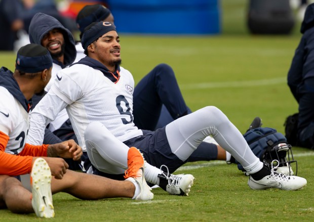 Bears safety Jaquan Brisker (9) practices Wednesday, May 28, 2025, at Halas Hall. (Brian Cassella/Chicago Tribune)