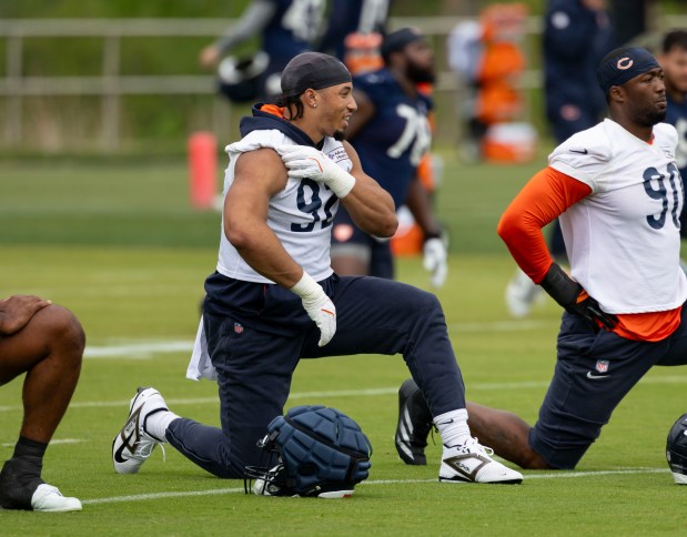 Bears defensive end Daniel Hardy (92) practices Wednesday, May 28, 2025, at Halas Hall. (Brian Cassella/Chicago Tribune)
