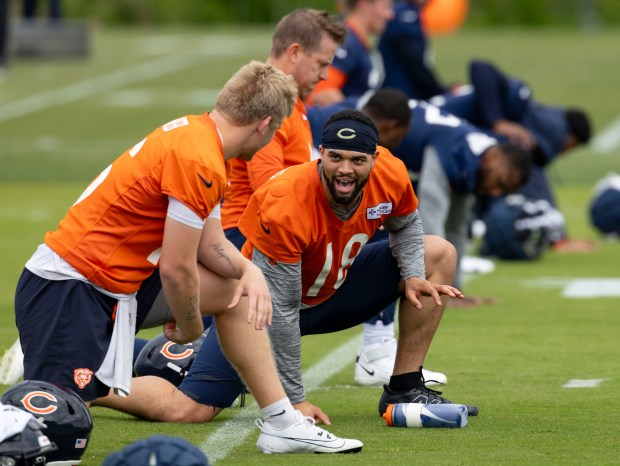 Bears quarterback Caleb Williams practices Wednesday, May 28, 2025, at Halas Hall. (Brian Cassella/Chicago Tribune)