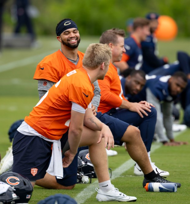 Bears quarterback Caleb Williams practices Wednesday, May 28, 2025, at Halas Hall. (Brian Cassella/Chicago Tribune)