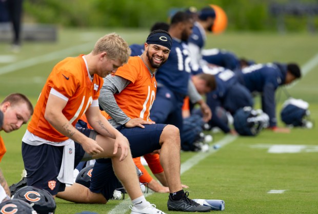 Bears quarterback Caleb Williams practices Wednesday, May 28, 2025, at Halas Hall. (Brian Cassella/Chicago Tribune)