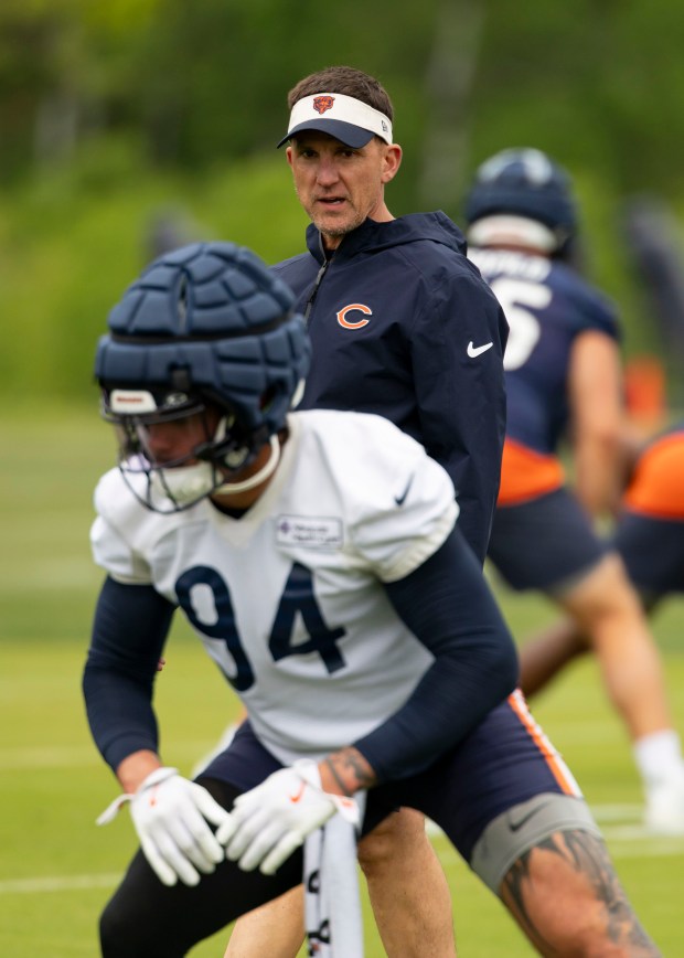 Bears defensive coordinator Dennis Allen watches practice Wednesday, May 28, 2025, at Halas Hall. (Brian Cassella/Chicago Tribune)