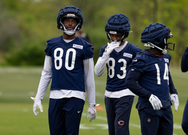Bears receiver Miles Boykin (80) practices Wednesday, May 28, 2025, at Halas Hall. (Brian Cassella/Chicago Tribune)