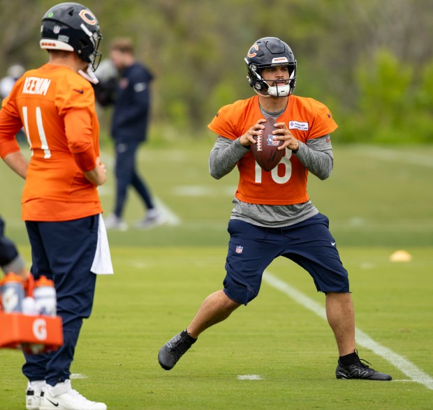 Bears quarterback Caleb Williams practices Wednesday, May 28, 2025, at Halas Hall. (Brian Cassella/Chicago Tribune)