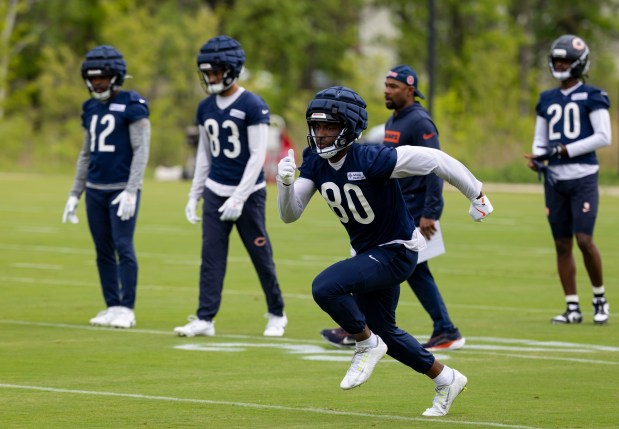 Bears receiver Miles Boykin (80) practices Wednesday, May 28, 2025, at Halas Hall. (Brian Cassella/Chicago Tribune)