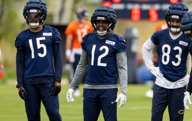 Bears wide receiver Devin Duvernay (12) practices Wednesday, May 28, 2025, at Halas Hall. (Brian Cassella/Chicago Tribune)