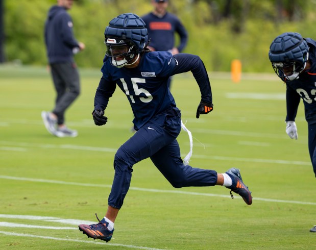 Bears wide receiver Rome Odunze practices Wednesday, May 28, 2025, at Halas Hall. (Brian Cassella/Chicago Tribune)