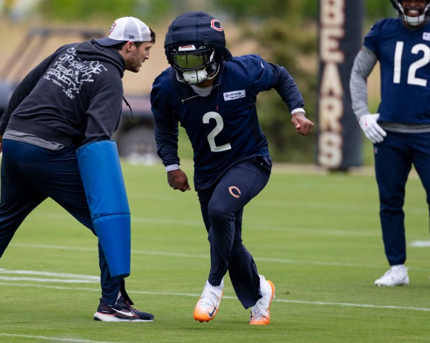 Chicago Bears wide receiver DJ Moore (2) practices Wednesday, May 28, 2025, at Halas Hall. (Brian Cassella/Chicago Tribune)