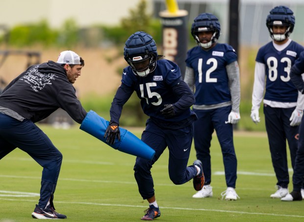 Bears wide receiver Rome Odunze (15) practices Wednesday, May 28, 2025, at Halas Hall. (Brian Cassella/Chicago Tribune)