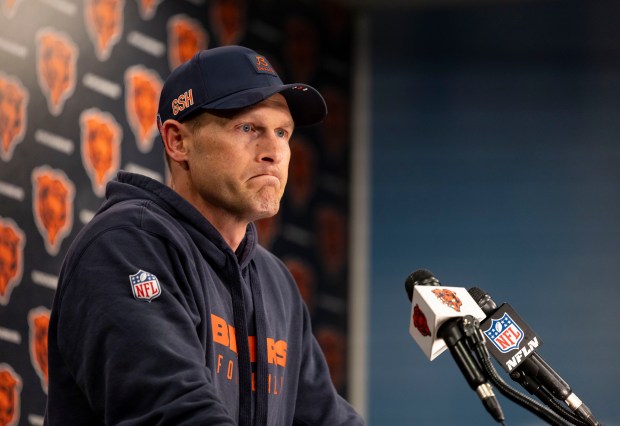 Bears coach Ben Johnson speaks after practice Wednesday, May 28, 2025, at Halas Hall. (Brian Cassella/Chicago Tribune)
