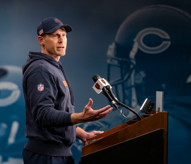 Bears coach Ben Johnson speaks after practice Wednesday, May 28, 2025, at Halas Hall. (Brian Cassella/Chicago Tribune)