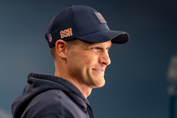 Bears coach Ben Johnson speaks after practice Wednesday, May 28, 2025, at Halas Hall. (Brian Cassella/Chicago Tribune)