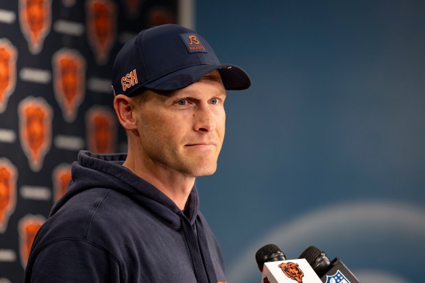 Bears coach Ben Johnson speaks after practice Wednesday, May 28, 2025, at Halas Hall. (Brian Cassella/Chicago Tribune)
