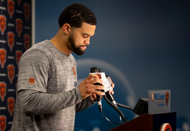 Bears quarterback Caleb Williams speaks after practice Wednesday, May 28, 2025, at Halas Hall. (Brian Cassella/Chicago Tribune)