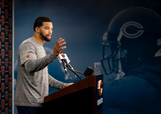 Bears quarterback Caleb Williams speaks after practice Wednesday, May 28, 2025, at Halas Hall. (Brian Cassella/Chicago Tribune)
