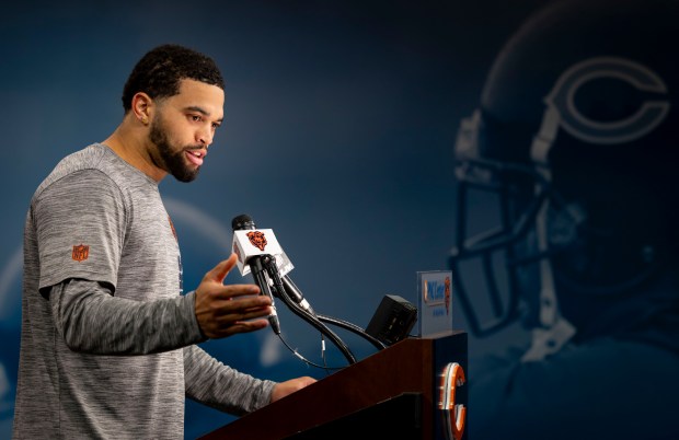 Bears quarterback Caleb Williams speaks after practice Wednesday, May 28, 2025, at Halas Hall. (Brian Cassella/Chicago Tribune)