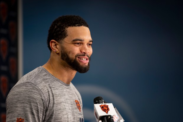 Bears quarterback Caleb Williams speaks after practice Wednesday, May 28, 2025, at Halas Hall. (Brian Cassella/Chicago Tribune)