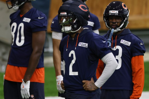 DJ Moore (2) works out during the Bears organized team activities in the Walter Payton Center at Halas Hall on May 21, 2025, in Lake Forest. (John J. Kim/Chicago Tribune)