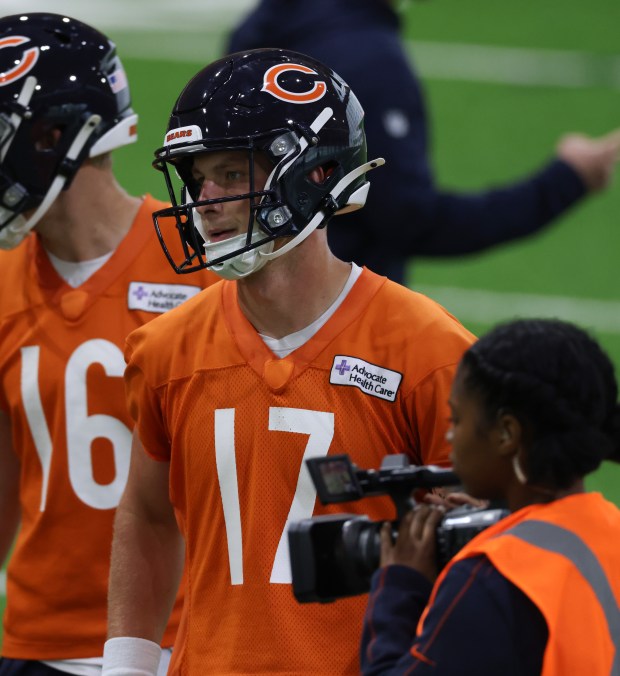 Tyson Bagent (17) works out during the Bears organized team activities in the Walter Payton Center at Halas Hall on May 21, 2025, in Lake Forest. (John J. Kim/Chicago Tribune)