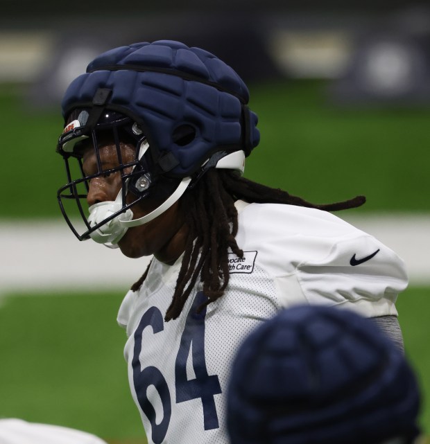 Jonathan Ford works out during the Bears organized team activities in the Walter Payton Center at Halas Hall on May 21, 2025, in Lake Forest. (John J. Kim/Chicago Tribune)