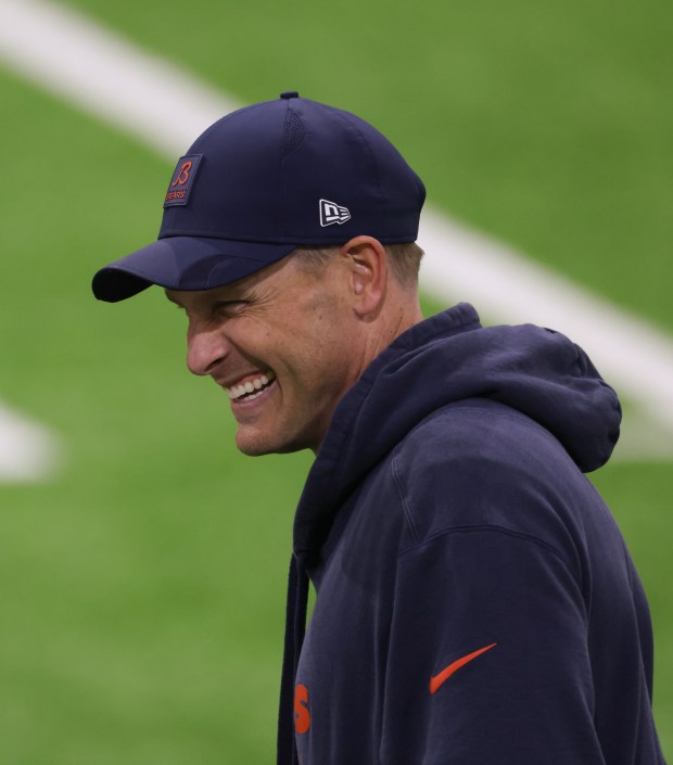 Head coach Ben Johnson participates during the Bears organized team activities in the Walter Payton Center at Halas Hall on May 21, 2025, in Lake Forest. (John J. Kim/Chicago Tribune)