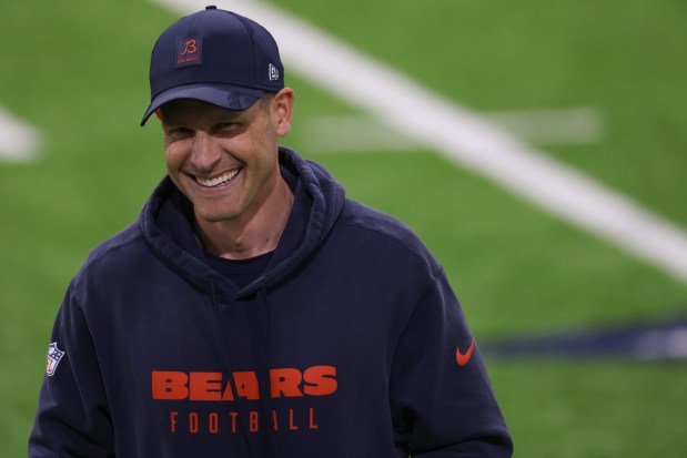 Head coach Ben Johnson participates during the Bears organized team activities in the Walter Payton Center at Halas Hall on May 21, 2025, in Lake Forest. (John J. Kim/Chicago Tribune)