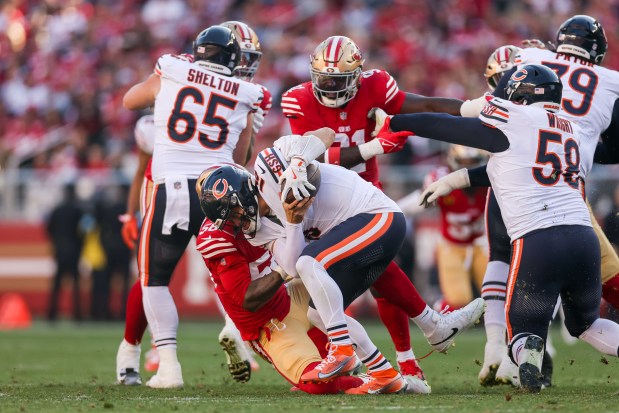 The 49ers' Leonard Floyd sacks Bears quarterback Caleb Williams during the first quarter at Levi's Stadium on Dec. 8, 2024, in Santa Clara, Calif. (Armando L. Sanchez/Chicago Tribune)