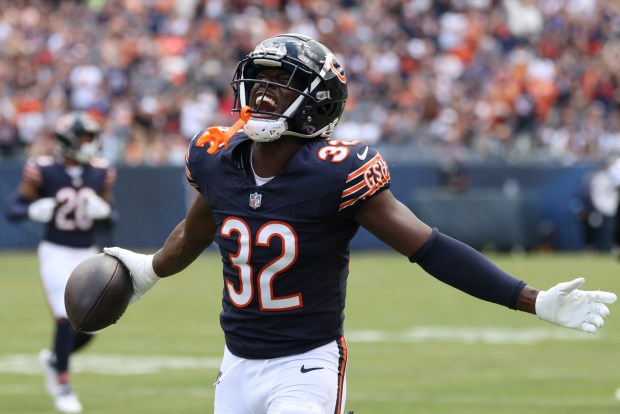 Bears cornerback Terell Smith celebrates an interception against the Bengals in a preseason game at Soldier Field on Aug. 17, 2024. (John J. Kim/Chicago Tribune)
