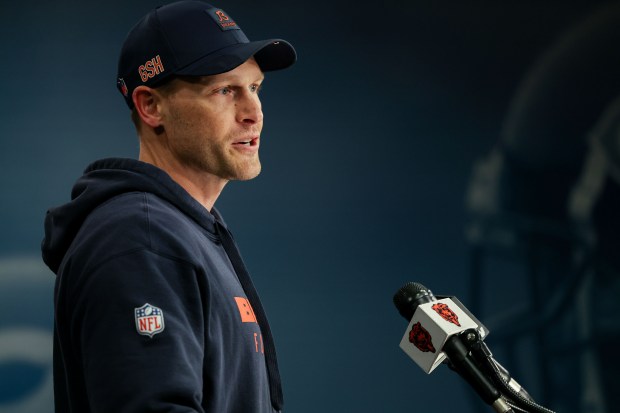 Chicago Bears head coach Ben Johnson speaks with the media following Chicago Bears rookie camp at Halas Hall on May 9, 2025, in Lake Forest.  (Stacey Wescott/Chicago Tribune)