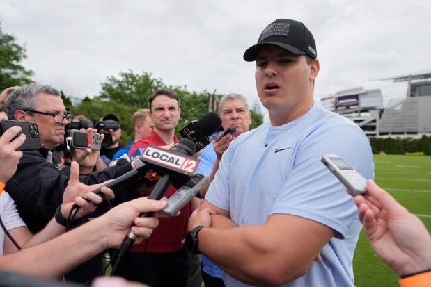 Bengals defensive end Trey Hendrickson speaks to media during practice Tuesday, May 13, 2025, in Cincinnati. (AP Photo/Carolyn Kaster)