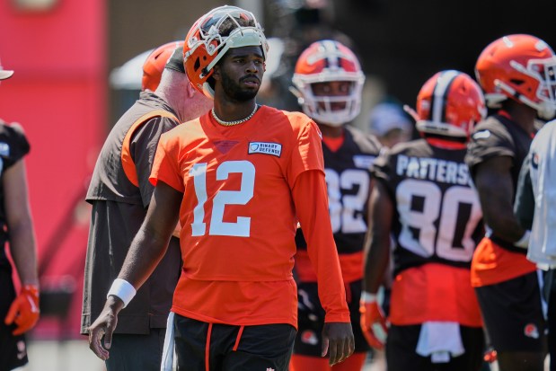 Browns quarterback Shedeur Sanders watches during the team's rookie minicamp May 10, 2025, in Berea, Ohio. (AP Photo/Sue Ogrocki)