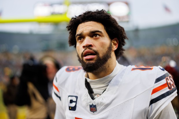Bears quarterback Caleb Williams walks off the field after defeating the Packers 24-22 on Jan. 5, 2025, at Lambeau Field in Green Bay. (Armando L. Sanchez/Chicago Tribune)