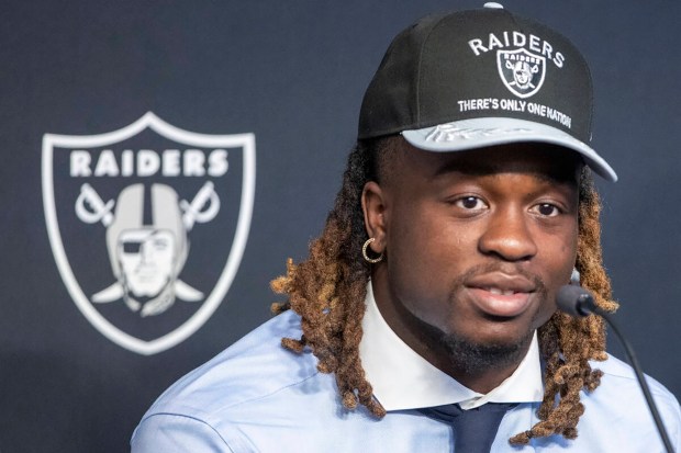 Raiders running back Ashton Jeanty is introduced during a news conference April 25, 2025, in Henderson, Nev. (Heidi Fang/Las Vegas Review-Journal)
