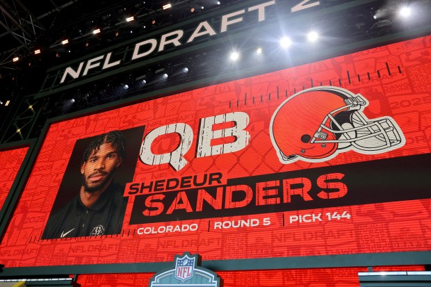 A graphic is shown after the Browns selected Shedeur Sanders in Round 5 on Day 3 of the NFL draft April 26, 2025, in Green Bay. (Gregory Payan/AP Content Services for NFL)