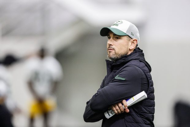 Packers coach Matt LaFleur looks on during rookie minicamp May 3, 2025, in Green Bay. (AP Photo/Jeffrey Phelps)