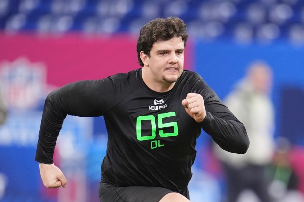 LSU offensive lineman Will Campbell runs a drill at the NFL combine in Indianapolis on March 2, 2025. (AP Photo/Michael Conroy)