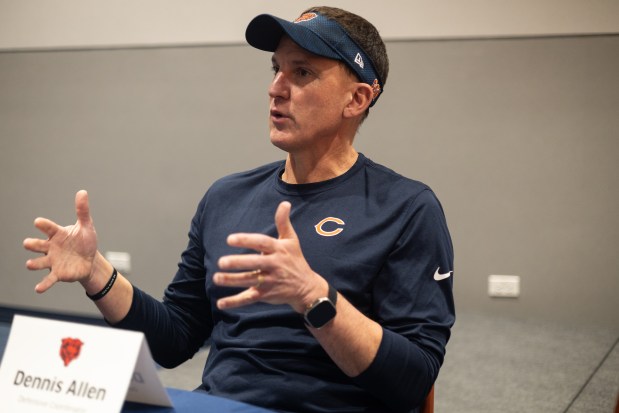 Bears defensive coordinator Dennis Allen talks to media April 17, 2025, at Halas Hall in Lake Forest. (Audrey Richardson/Chicago Tribune)