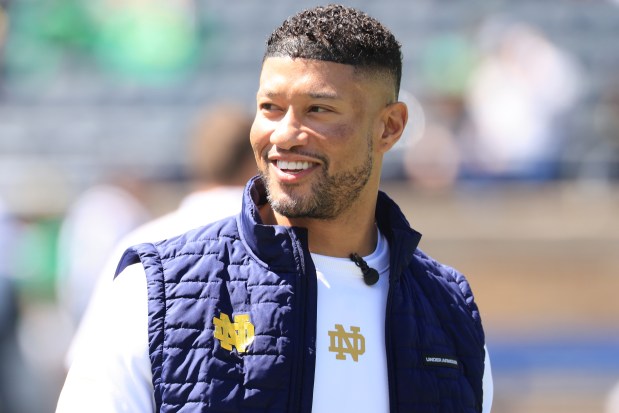 Notre Dame coach Marcus Freeman looks on during the Blue-Gold spring game April 12, 2025, in South Bend, Ind. (Justin Casterline/Getty Images)