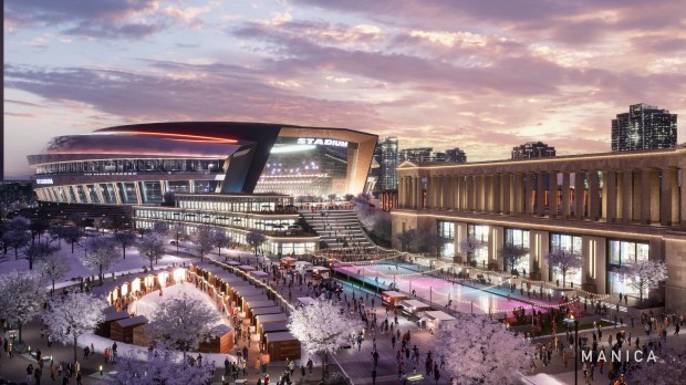 A rendering shows a new enclosed stadium plan with open...
