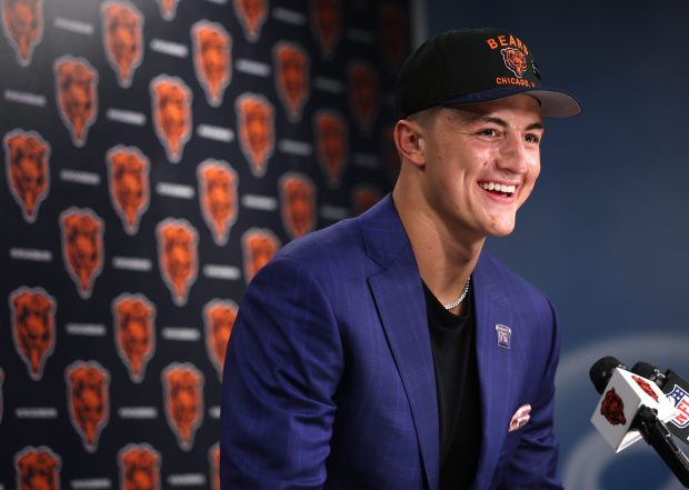 Tight end Colston Loveland, selected by the Bears with the No. 10 pick in the first round of the NFL draft, is introduced at Halas Hall on April 25, 2025. (Chris Sweda/Chicago Tribune)