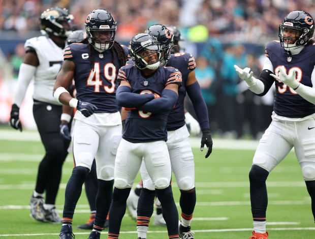 Bears cornerback Kyler Gordon celebrates after a big stop in the first quarter against the Jaguars on Oct. 13, 2024, at Tottenham Hotspur Stadium in London. (Chris Sweda/Chicago Tribune)