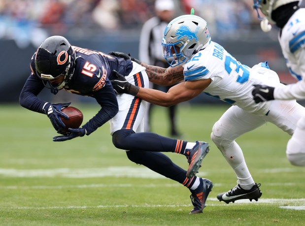 Bears wide receiver Rome Odunze (15) makes a catch against the Lions on Dec. 22, 2024, at Soldier Field. (Chris Sweda/Chicago Tribune)